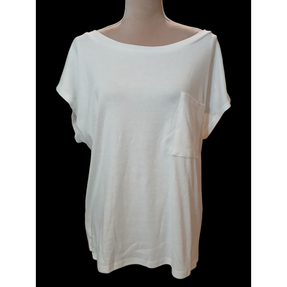 Flamingo M White Boat Neck Pocket Short Sleeve Dolman Relaxed Fit T-Shirt Womens